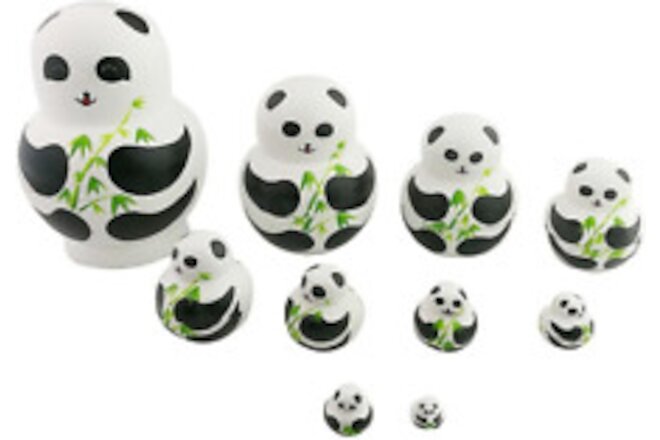 Set of 10 Handmade Cute Lovely Panda Bear Family and Bamboo Nesting Doll Matr...