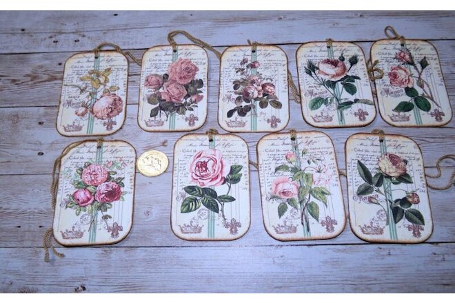9~Vintage~Shabby Chic~Roses~French~Junk Journal~Linen Cardstock~Gift~Hang~Tags