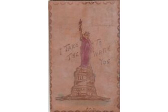Great leather card of Statute of Liberty postcard u1906