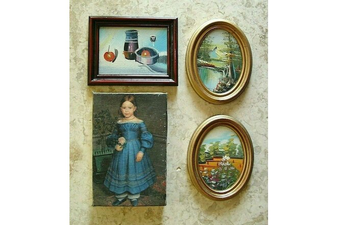 4 HAND PAINTED YOUNG GIRL IN BLUE GENUINE OIL FRAMED PAINTINGS FRAME PAINTING