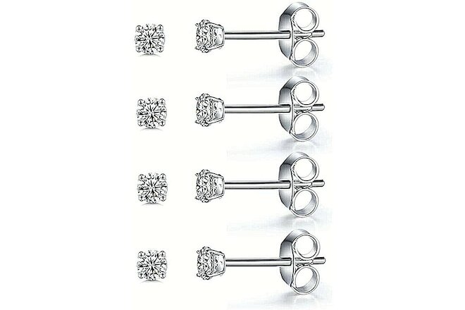 4 Pair Round Genuine Diamond Stud Earrings in 14k White gold ~ Gift box