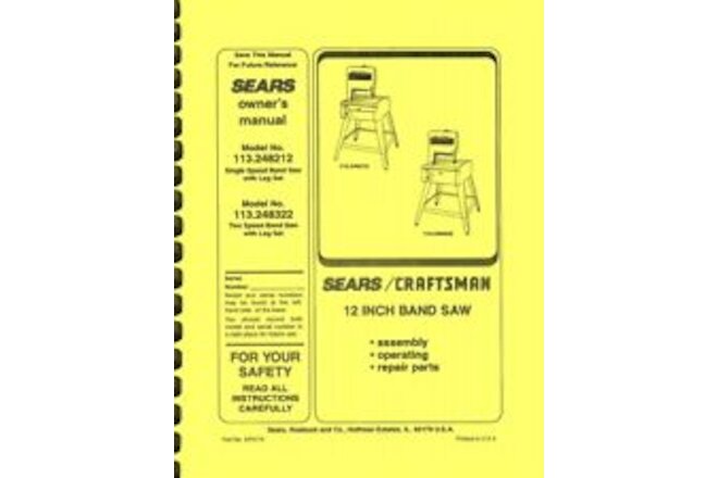 Sears Craftsman 113.248212 and 113.248322 Band Saw Owner's Manual