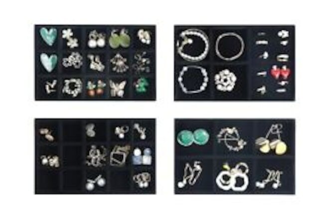 Set of 4 Stackable Jewelry Trays Organizer, Velvet Earring Organizer, Black