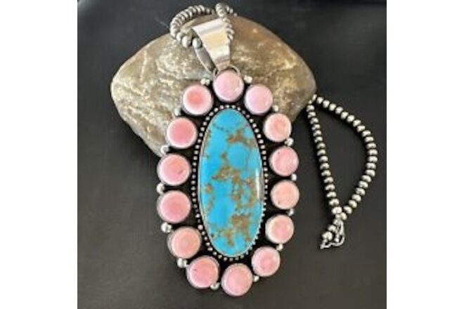 XXL Pink Conch Naja Pendant Blue Turquoise Navajo Sterling Silver Necklace 17426