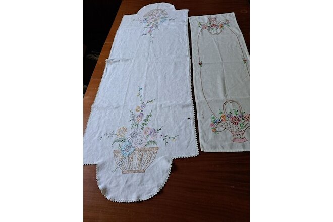 Lot of 2 Vintage Embroidered Linen Runners Floral Basket, a Cotton and a LInen