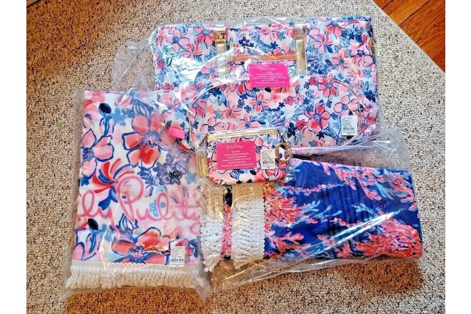 NWT SET LILLY PULITZER INSULATED TOTE BAG,2 BEACH TOWELS,1 COSMETIC POUCH PURSE