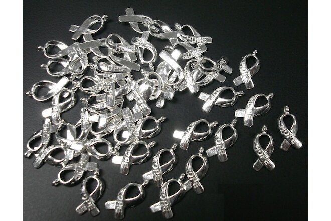 50 Cancer awareness hope ribbon charms bright silver plt zinc findings CFP113