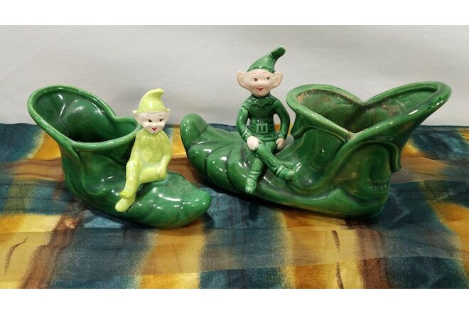 Vintage 2 Ceramic Treasure Craft Calif Pixie Figurines Elf Shoe Boot Planter