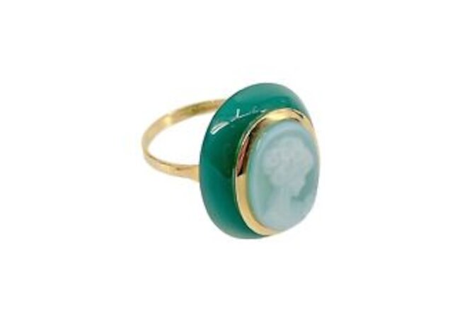 New Giovanni APA Green Agate Hand Carved Shell Cameo 18K Yellow Gold 750 Ring 6.