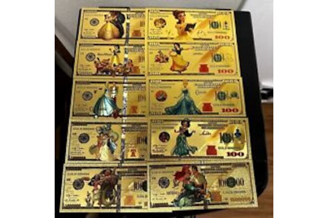 24k Gold Foil Plated Disney Princess Banknote Set Collectible