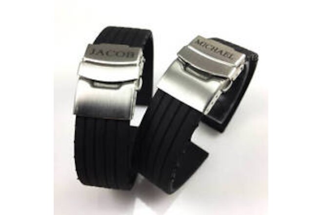 Name Engraved Personalized Rubber Silicone Watch Band Double Locking Buckle 4011