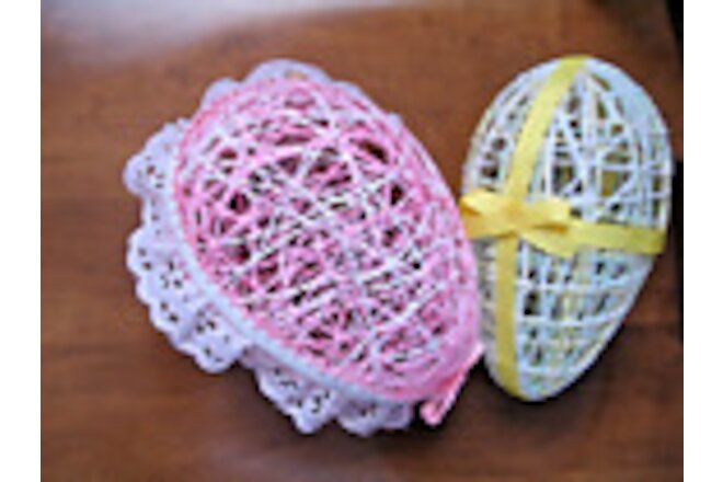 2 Vintage 6" Handmade Hollow "Starched" String Easter Egg Ornaments Pastel