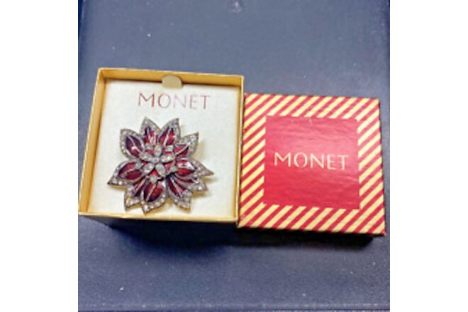NIOB Vintage Monet Silver Tone Enamel Rhinestones Poinsettia Floral Pin Brooch