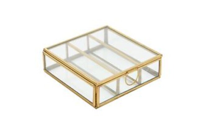 Metal and Glass 3 Compartments, Brass Finish Box, 5" L x 5" W x 2" H