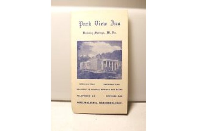 1950s Park View Inn Berkeley Springs W VA Brochure Adjacent to Mineral Springs