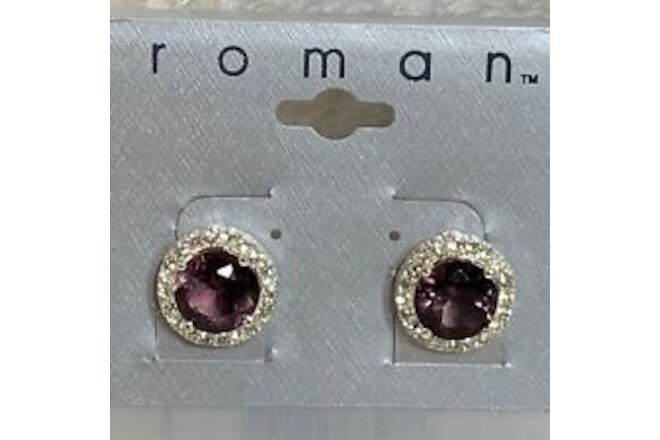 Vintage Roman Purple Rhinestone Earrings Pave Crystal Silver Tone Thailand