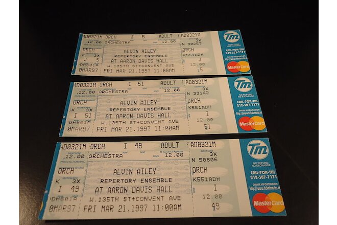 Lot of 3 Unused Tickets ALVIN AILEY DANCE ENSEMBLE 1997 City College NEW YORK VG