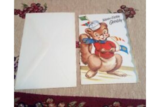 Vintage Happy EASTER GRANDPA Card With Envelope Squirrel Sailor Hat Flags Design