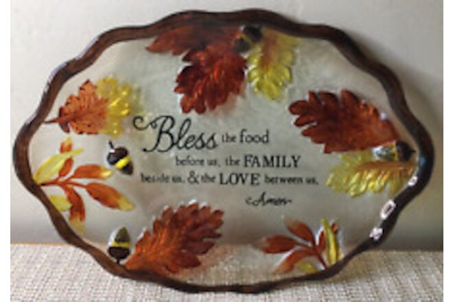 Autumn Blessings Colorful Fall Leaves GLASS SERVING TRAY Thanksgiving Platter