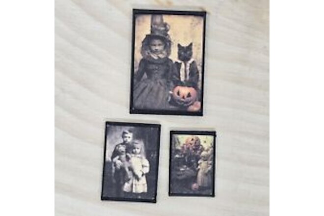 3 Halloween Miniature Dollhouse Wall Framed Pictures Witchy Spooky Haunted House
