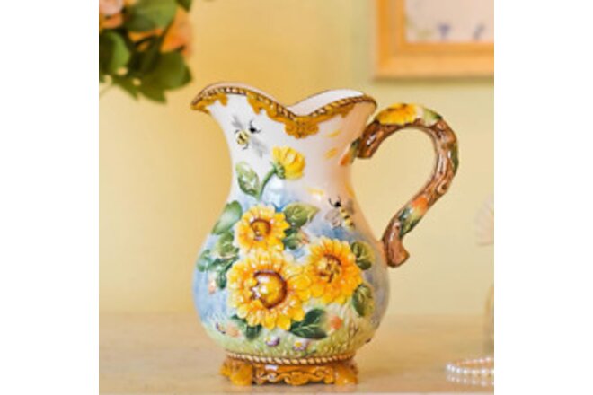 Large Ceramic Water Pitcher Flower Vase, Hand-Painted Sunflower and Bee Home Dec
