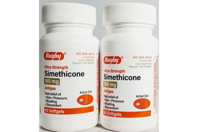 Rugby Simethicone Gas Relief 180mg 60ct -2 Pack (Compare to Phazyme) Exp 01-2023