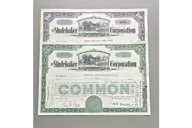 Lot of 2  Studebaker Corporation 1954 Vintage Green & Plum Stock Certificates