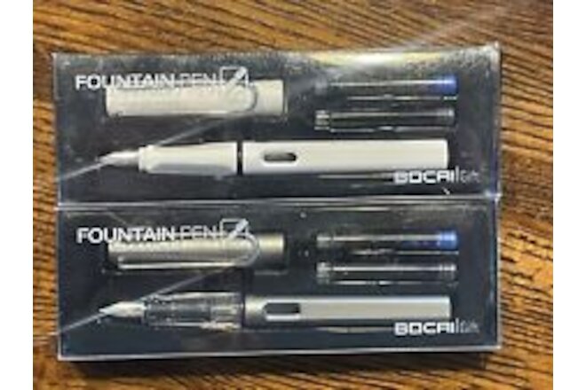 2 Bocai Fountain Pen Gift Sets Silver Steel Gray &  White W/ Black & Blue Nibs