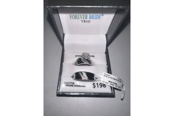 Forever Bride 1/4 CTTW Genuine Heart Diamond Rings Three Piece Set His and Hers