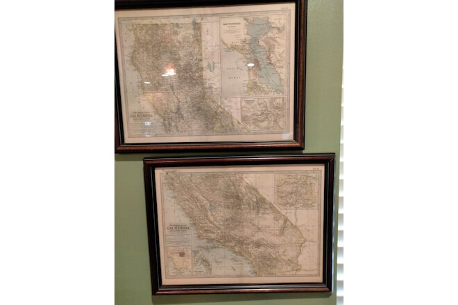 FRAMED ANTIQUE CALIFORNIA 1902 MAPS NORTH AND SOUTH