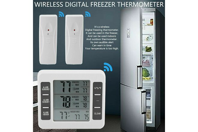 Wireless Digital Refrigerator Freezer Thermometer Temp Alarm 2 Sensor In/Outdoor