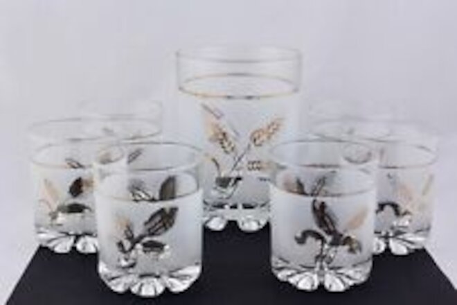 MID-CENTURY ITALY FROSTED GLASS TUMBLERS & ICE BUCKET COCKTAIL SET - 7 PIECE SET