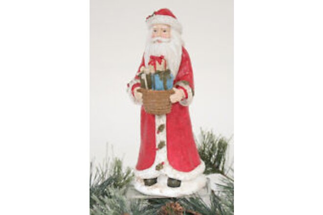 Old Time Santa Figurine Holding a Basket of Christmas Presents Holiday Decor