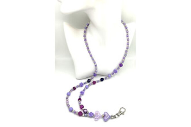 ID Badge Beaded Lanyard: Purple Passion Hearts & Roses Acrylic Beads 30" +3"