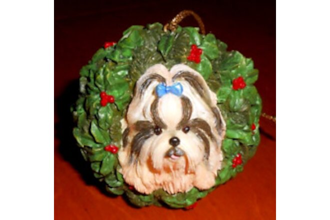 Danbury Mint Shih Tzu Christmas Auto Mirror Ornament All Decked Out Dog Wreath