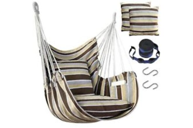 Hammock Chair Hanging Hammock Chair Rope Swing 2 Cushions Included-Sturdy Brown