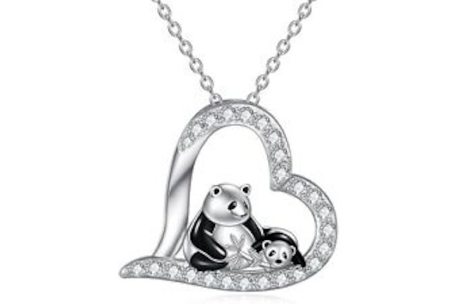 Sterling Silver Mom and Baby Panda Bear Pendant Necklace Jewelry Gift for Women