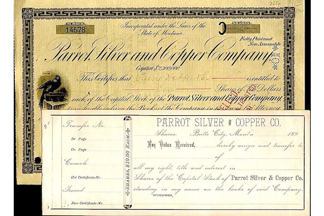 2 PARROT SILVER & COPPER CO Stock Cert & /Stock Transfer Form 1901/189x Butte MT