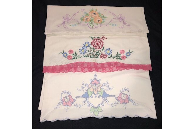 Vintage Embroidered Pillowcases Lot of 3 Florals on White Cotton Repair Cutter