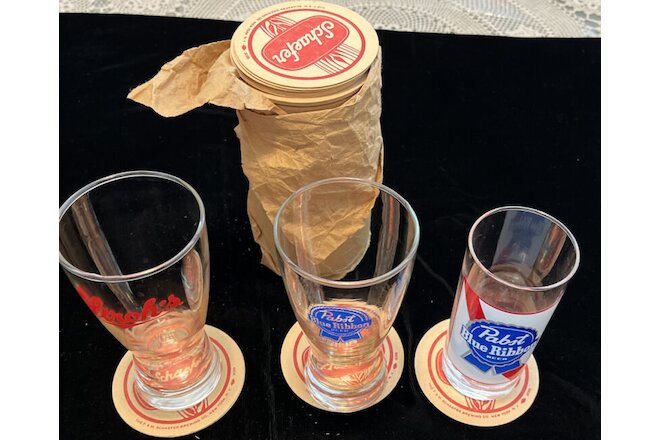 Set of 3 Collectible Beer Brand Glasses : Strohs ,(2) Pabst ++ Schaefer Coasters