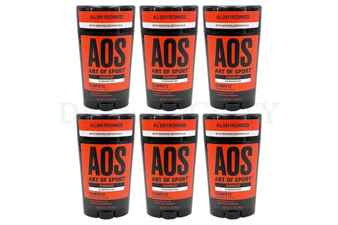 Lot of 6 - AOS Art of Sport Men’s Deodorant COMPETE Energizing Citrus, 2.7oz