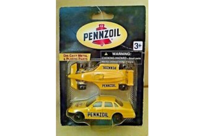 PENNZOIL GOLDEN WHEEL SET 2 NEW F1 RACER 4 DOOR SEDAN 1:64 DIE CAST YELLOW 2002.