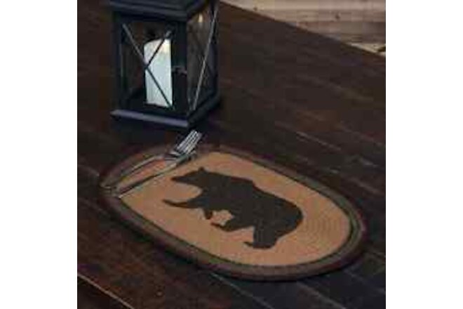 Wyatt Stenciled Bear Jute Placemat Oval Set of 6 12x18 - Dark Tan/Ink Black/Army