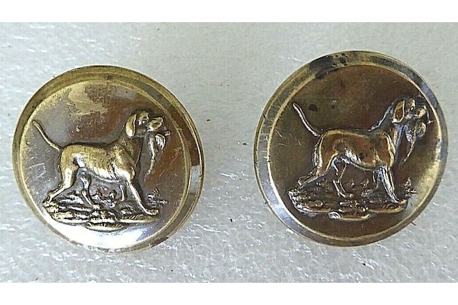 2 Antique Victorian Crown Hunting Sport 1" Brass Metal Buttons, Dogs