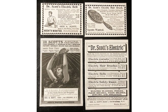 1898 DR.SCOTT'S ELECTRIC PRODUCTS~Vtg Quack Med Print Ad Lot~Hair Brush,Belt,etc