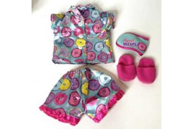 18" Doll Pink Donut Pajamas Outfit W/ Eye Mask Slippers fits American Girl doll