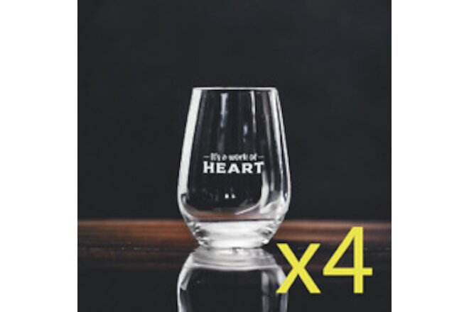 Work of Heart Stemless Wine Glasses x4 Premium 15 Oz Personalize Job NEW