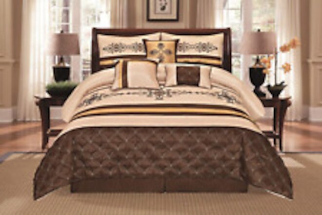 7 Pieces Complete Bedding Ensemble Beige Brown Gold Luxury Embroidery Comforter