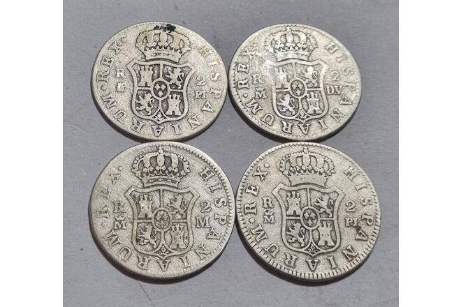 2 REALES 1773 1774 1785 1788 MADRID SPAIN CARLOS III  4 COLONIAL SILVER COINS RR