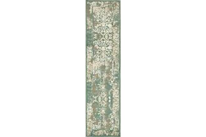 Tuareg Collection Vintage Distressed 2 ft 6 in x 10 ft Runner Green/ Beige